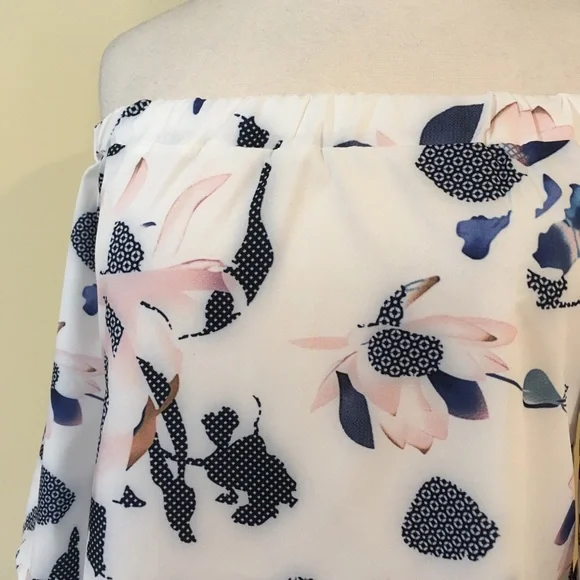 Off Shoulder High Low Modern Floral Short Flutter Sleeve Blouse - Picture 5 of 6